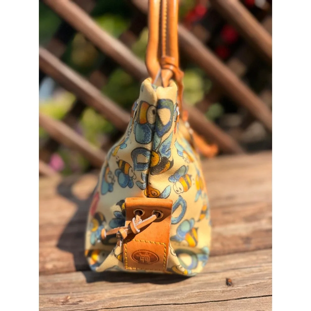 Dooney & Bourke Bumble Bee Print Coated Canvas Tote Bag Tan Leather Trim